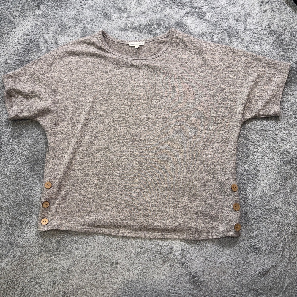 Parallel Skies Women Side Button Knit Top Large Grey Marled Dolman Sleeve